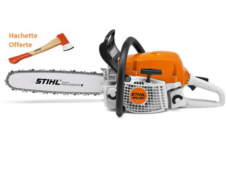 Tronçonneuse Stihl MS 291 avec 2 chaînes d'origine + hachette de bûcheron